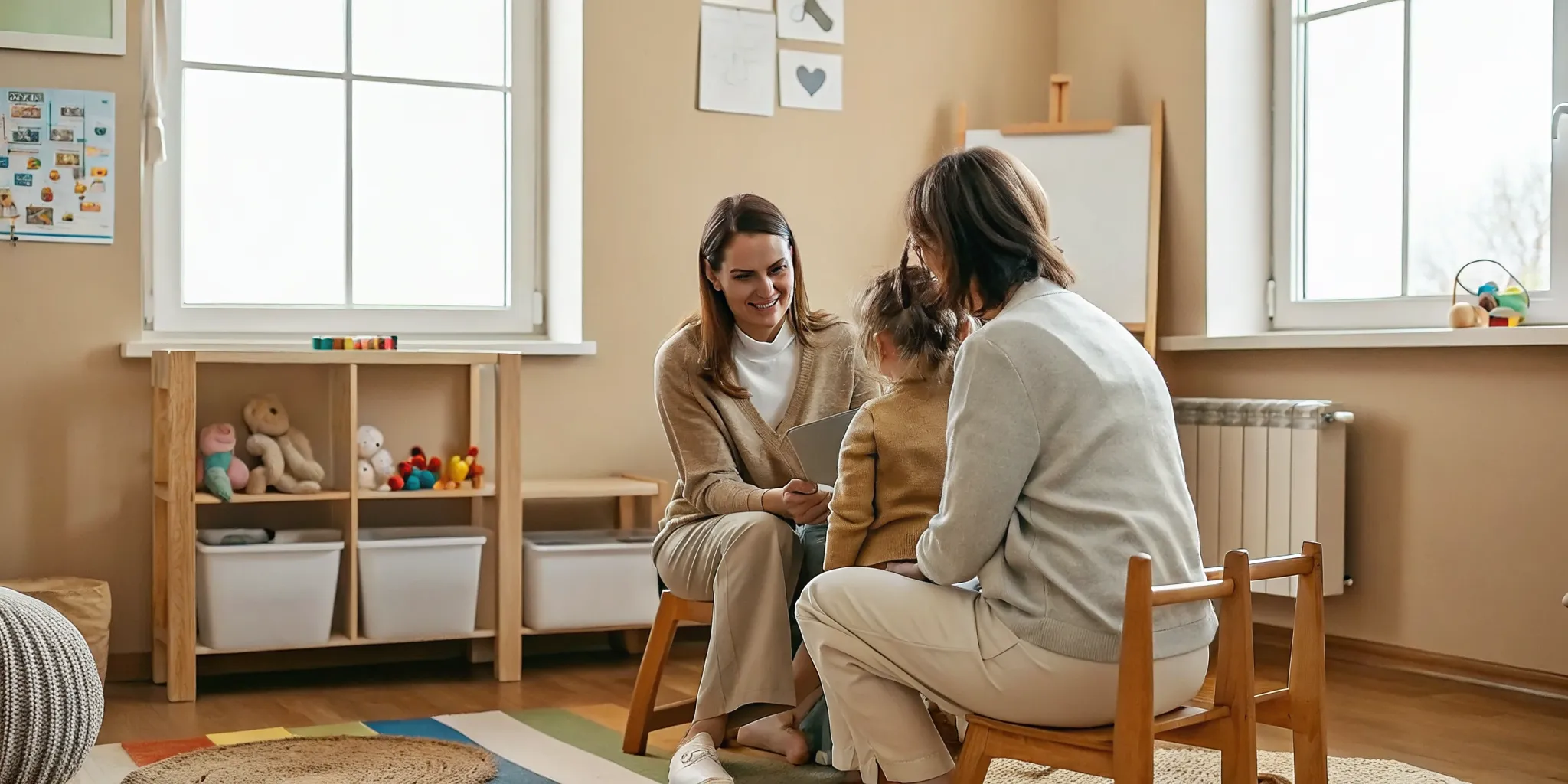 Parent and child meeting an ABA therapist in a calm therapy room