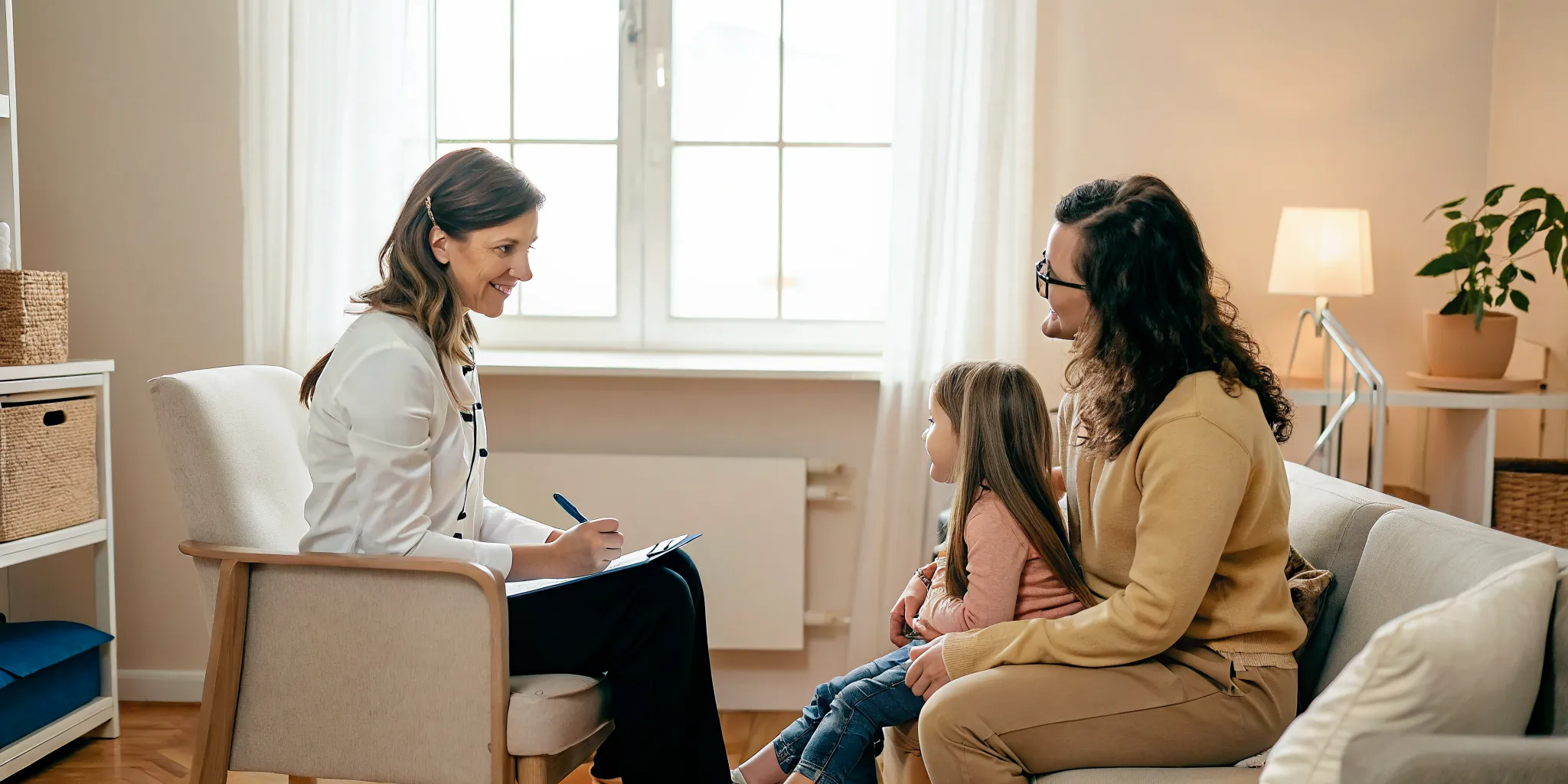 Parent and child speaking with a clinician about attention concerns