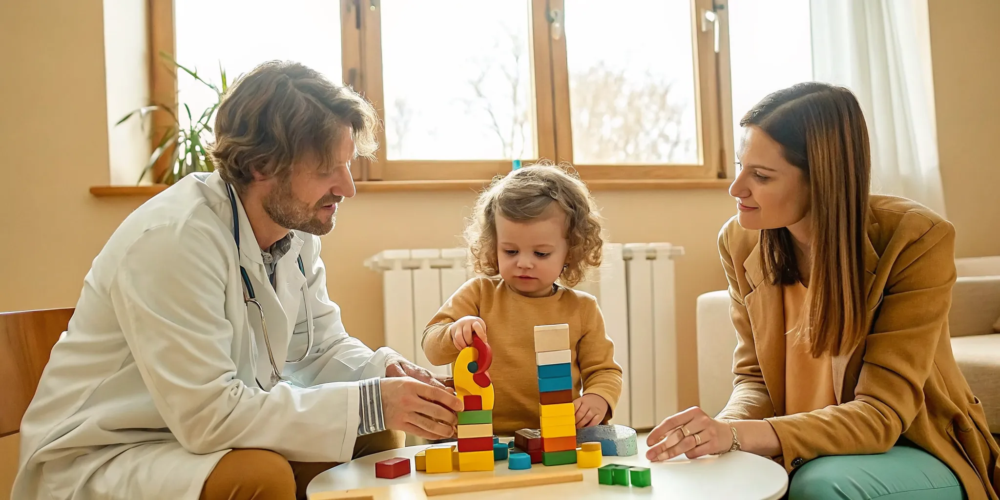 Pediatrician and parent observing a child's developmental skills during play