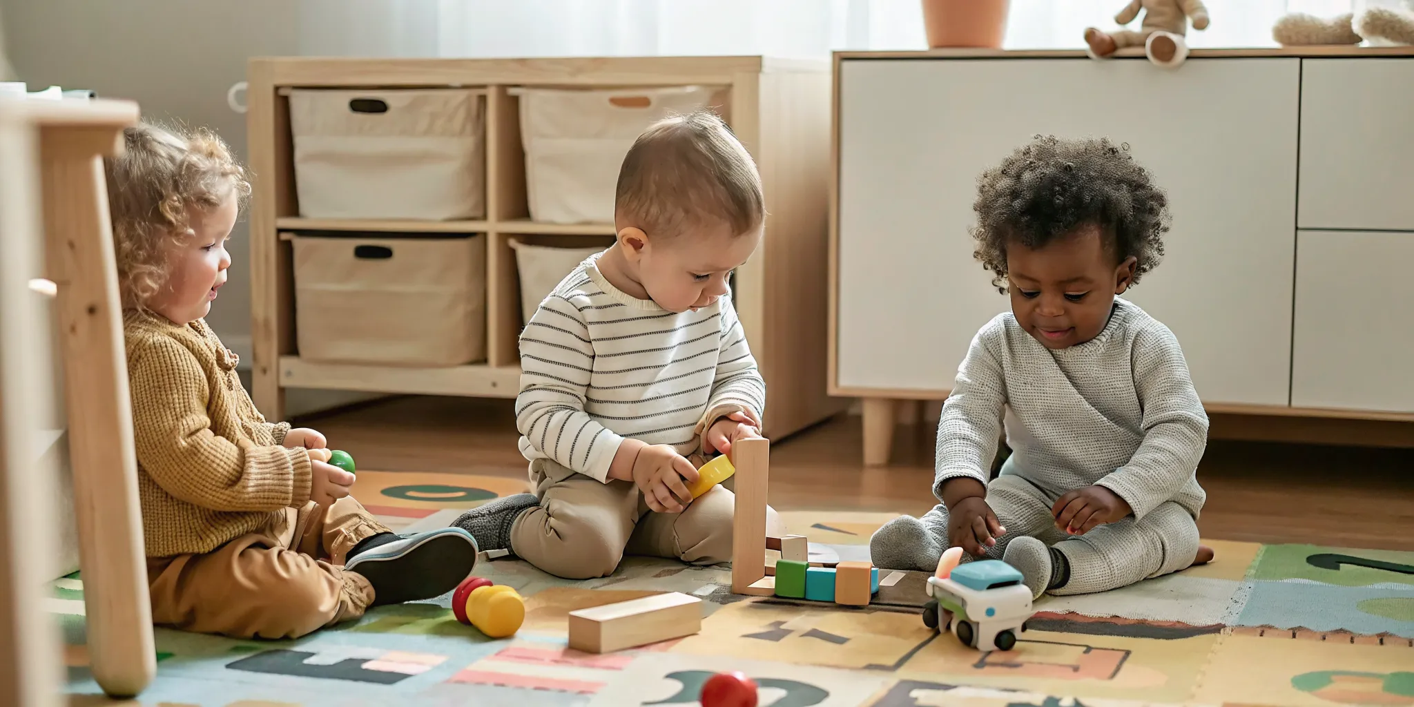 Toddlers playing with developmental toys like shape sorters and blocks on a colorful play mat