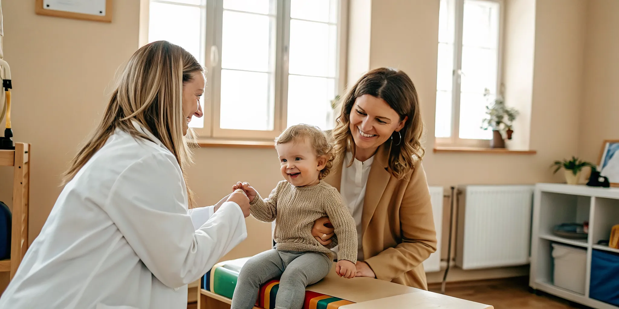 Pediatrician conducting a developmental screening with a toddler and mother in a modern clinic room