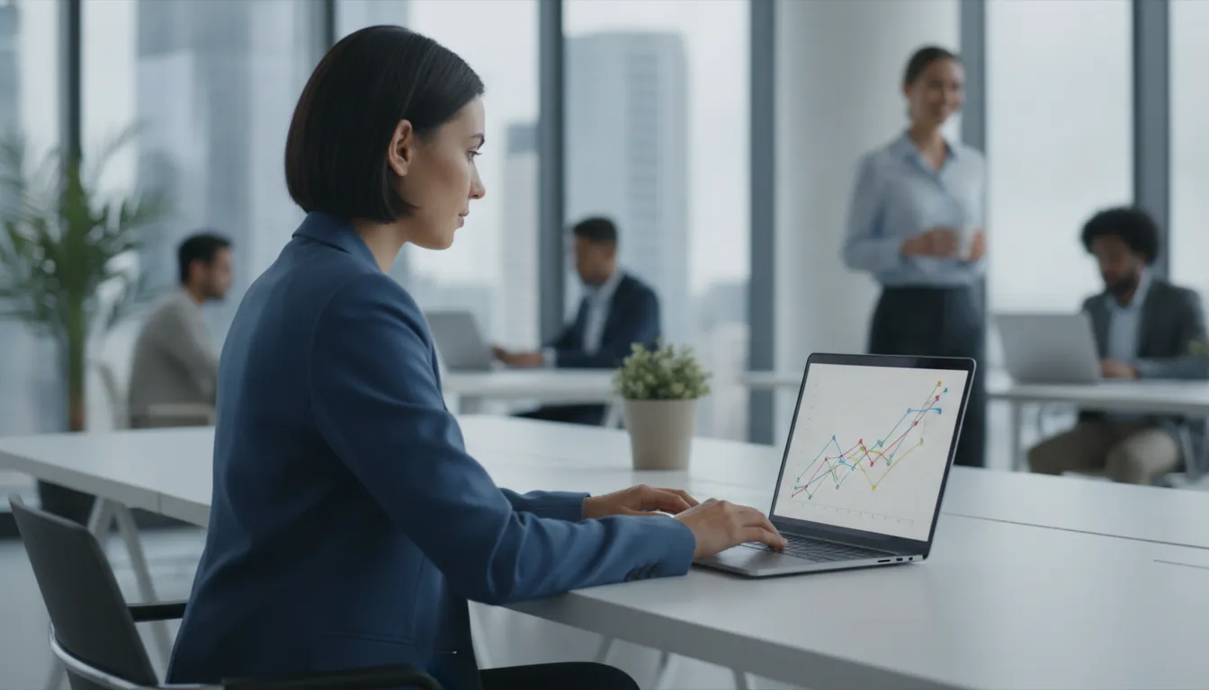 Ecommerce professional reviewing subscription checkout metrics on a laptop in a modern office