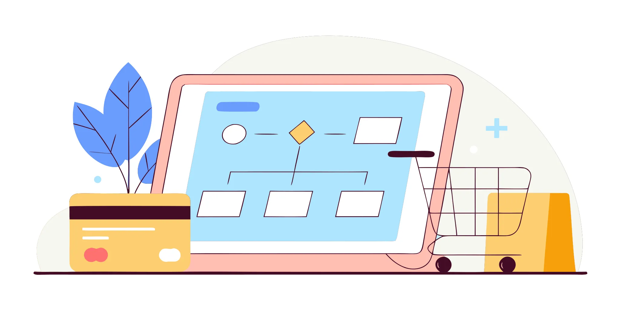 Tablet displaying a payment gateway routing diagram alongside a credit card and ecommerce shopping cart