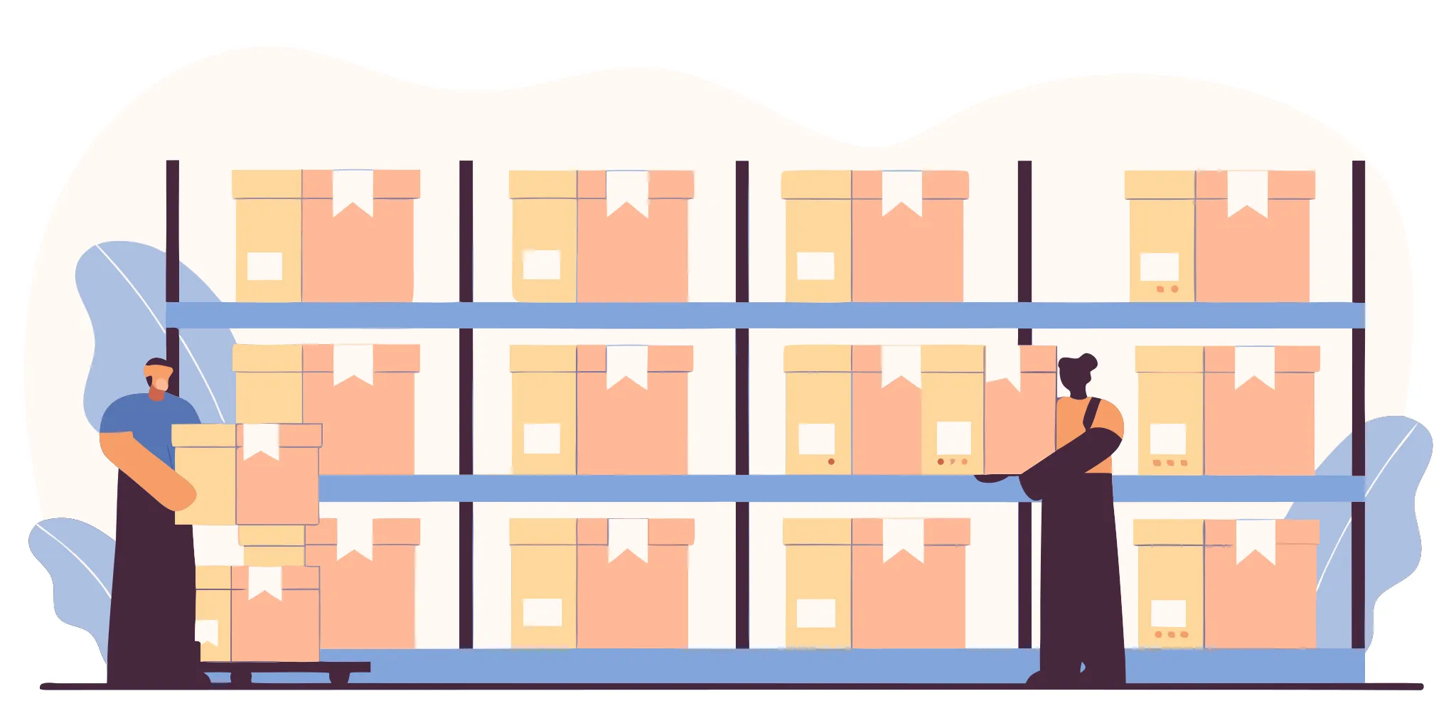 Subscription boxes organized on warehouse shelves representing recurring commerce fulfillment
