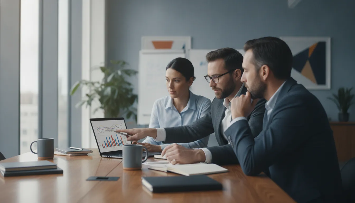 Ecommerce finance team reviewing payment processing reports on a laptop in a modern office