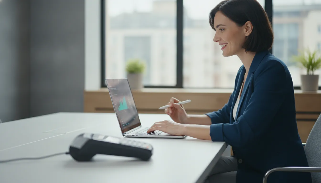 Shopify Plus ecommerce manager reviewing recurring checkout performance on a laptop in a modern office