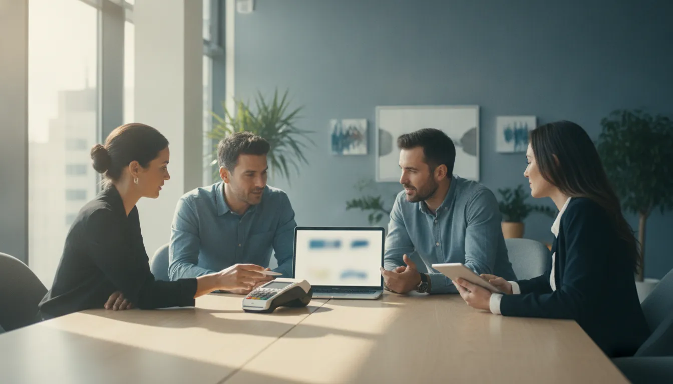 Ecommerce team reviewing Stripe fees and payment operations in an office