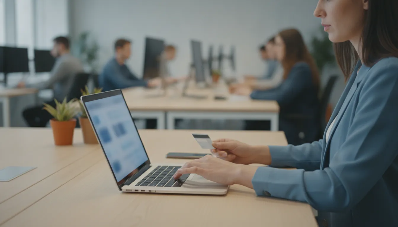 Shopper completing an ecommerce payment while an operations team works nearby