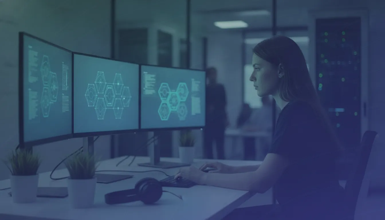 DevOps engineer troubleshooting a Kubernetes service at a workstation in a modern cloud infrastructure room