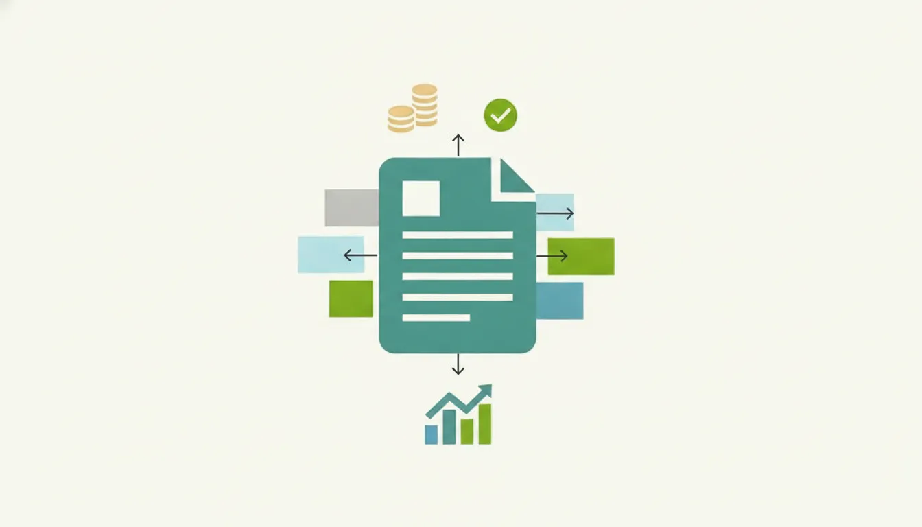 Consolidated AP reporting concept with document, data flow, coins, and growth chart icons.