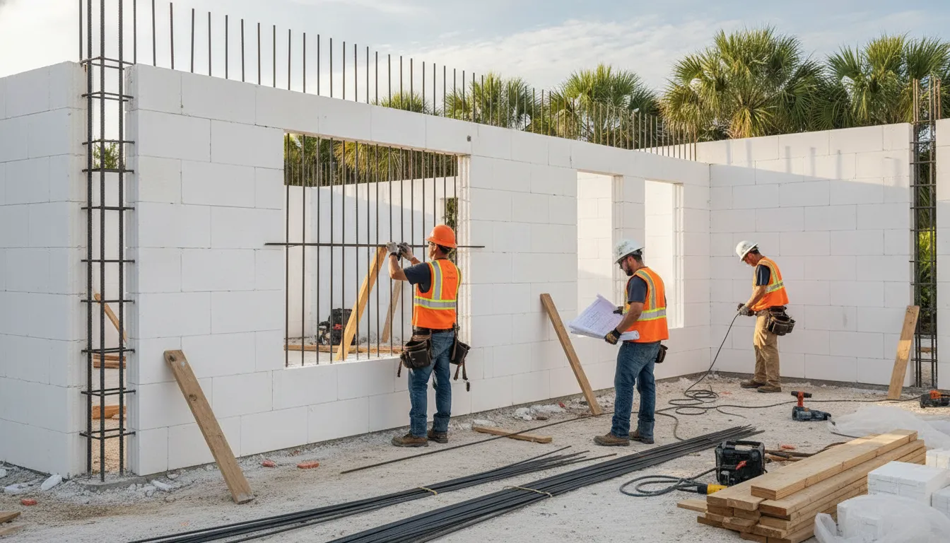 Workers installing reinforced ICF walls for a hurricane-resilient Florida home