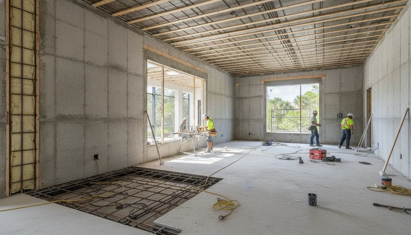 Reinforced concrete floor assembly meeting ICF walls in a Florida home