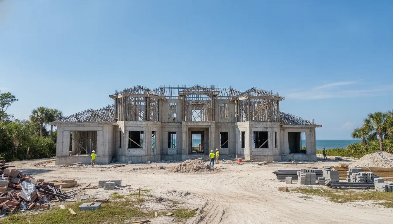Luxury coastal home under construction with reinforced concrete construction on a Florida Gulf Coast lot