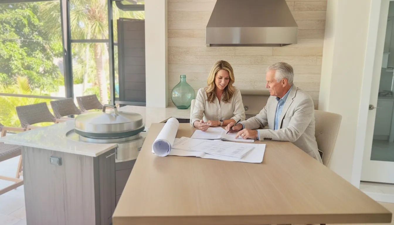 Homeowner couple reviewing custom home building contract with a Sarasota builder