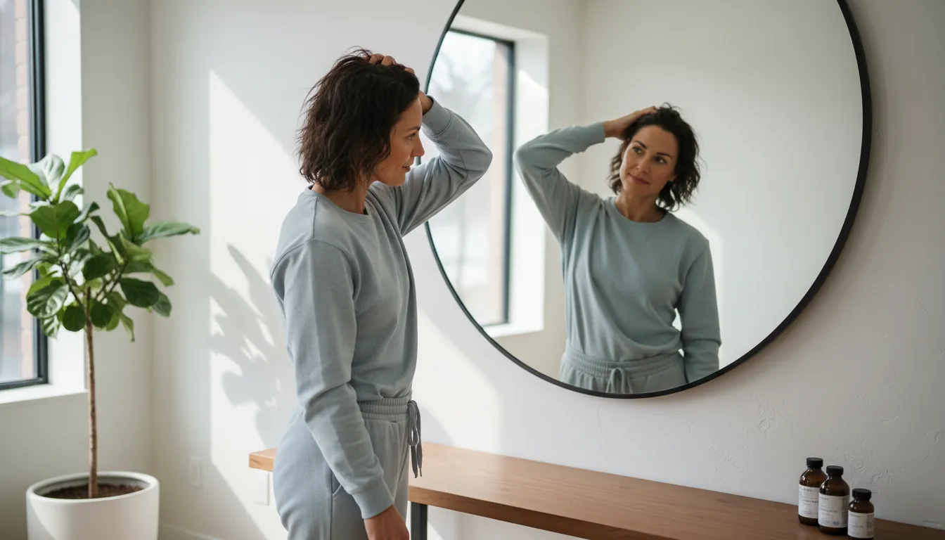 Adult examining hair loss after weight loss in a mirror