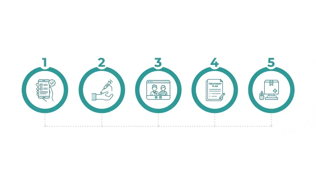 Five-step online testosterone therapy process from intake questionnaire to medication delivery at home