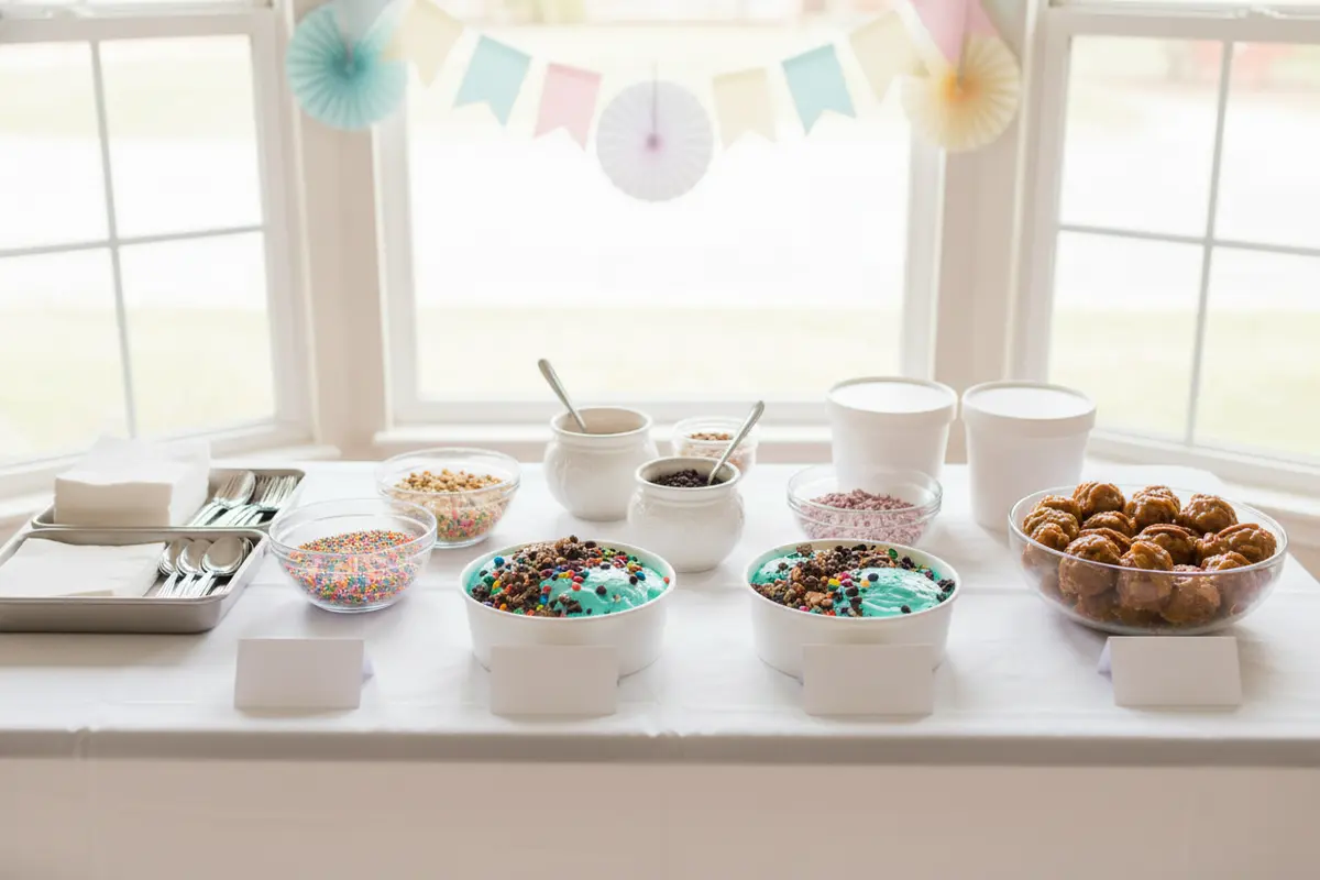 A neat ice cream party table with clear labels, serving space, and pastel decorations arranged behind the food