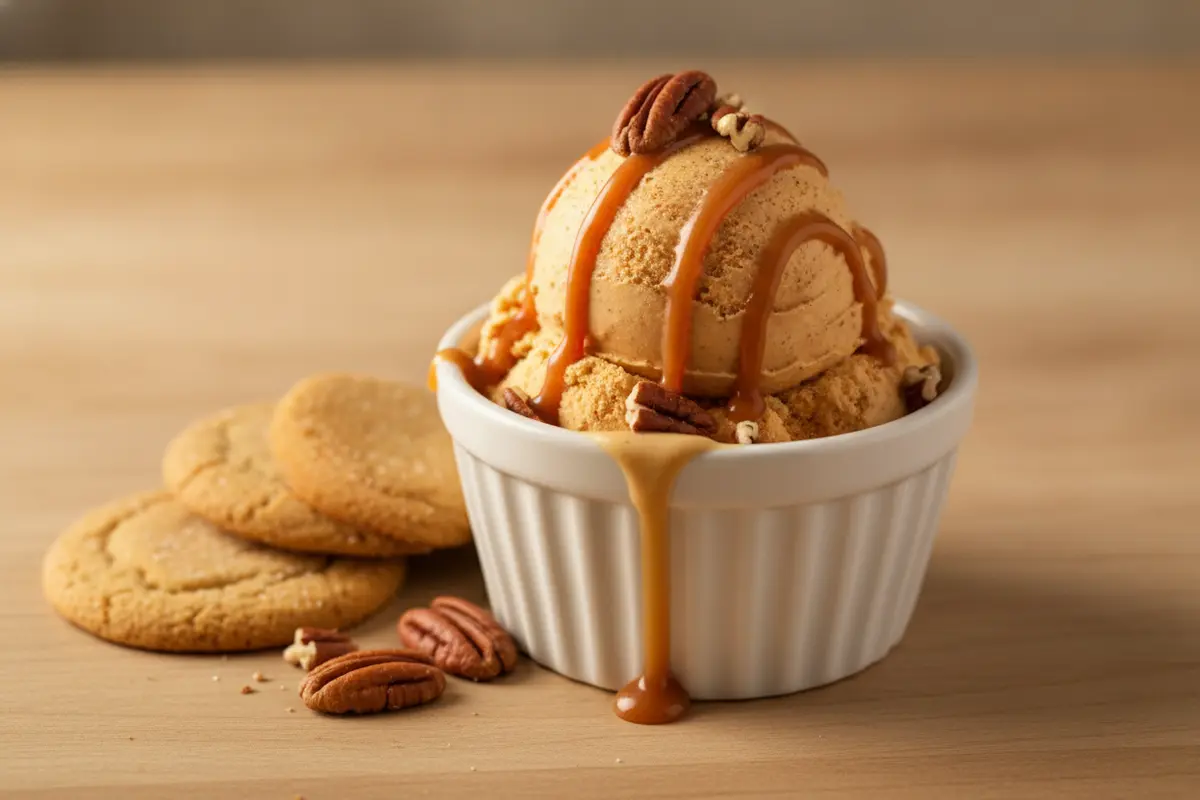 A scoop of pumpkin ice cream served with crisp cookies and caramel drizzle
