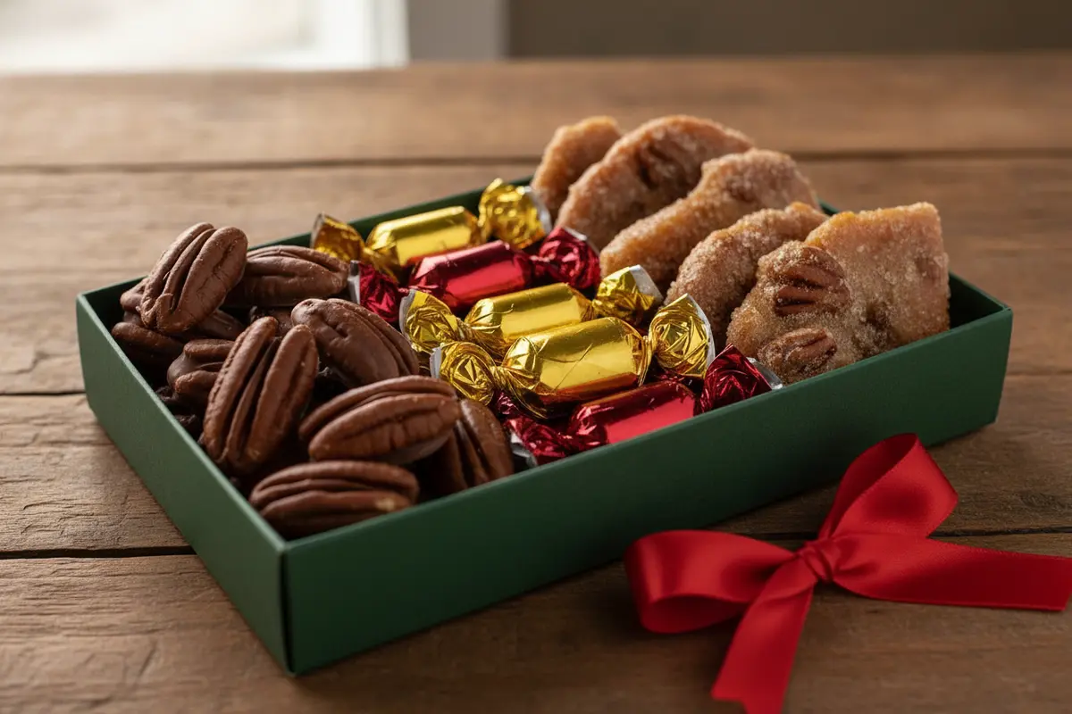 A small holiday chocolate assortment arranged in a gift box