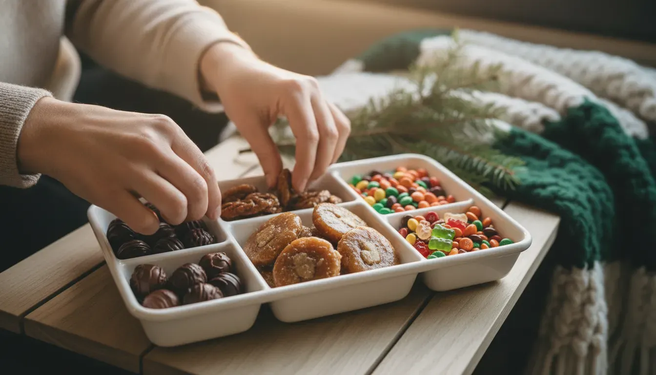 Assorted chocolates and candy arranged for a Christmas road trip