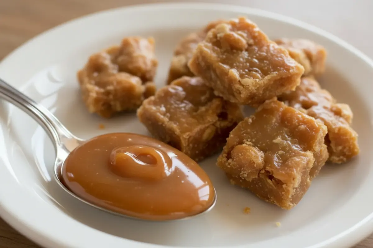The difference between caramels and toffees shown through sauce and crisp pieces