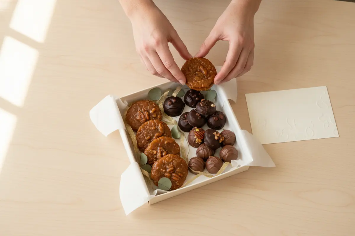Chocolates, pralines, and a blank card arranged for a business gift