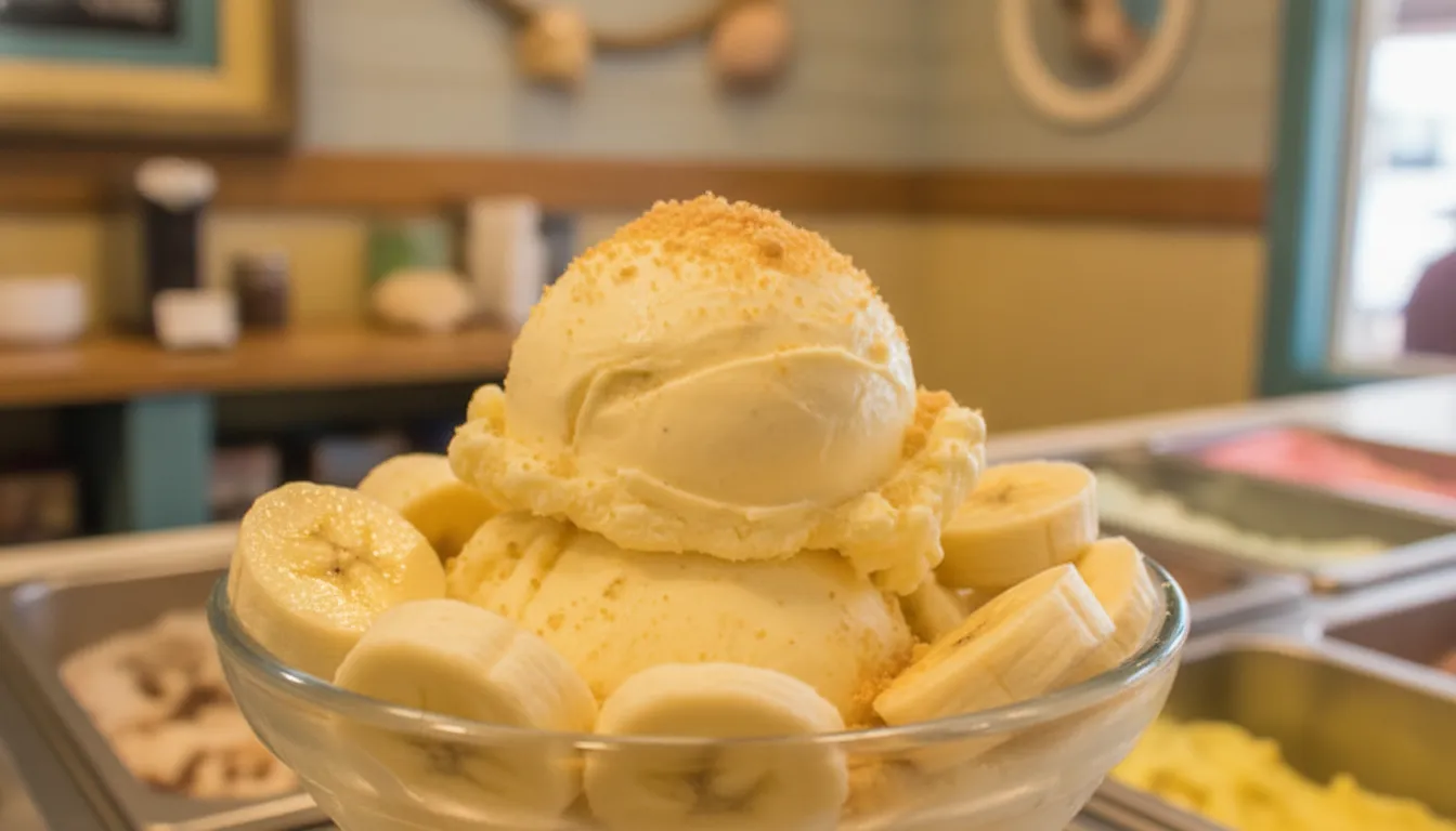 Scoop of Pecan Jacks Banana Pudding ice cream with banana and cookie details