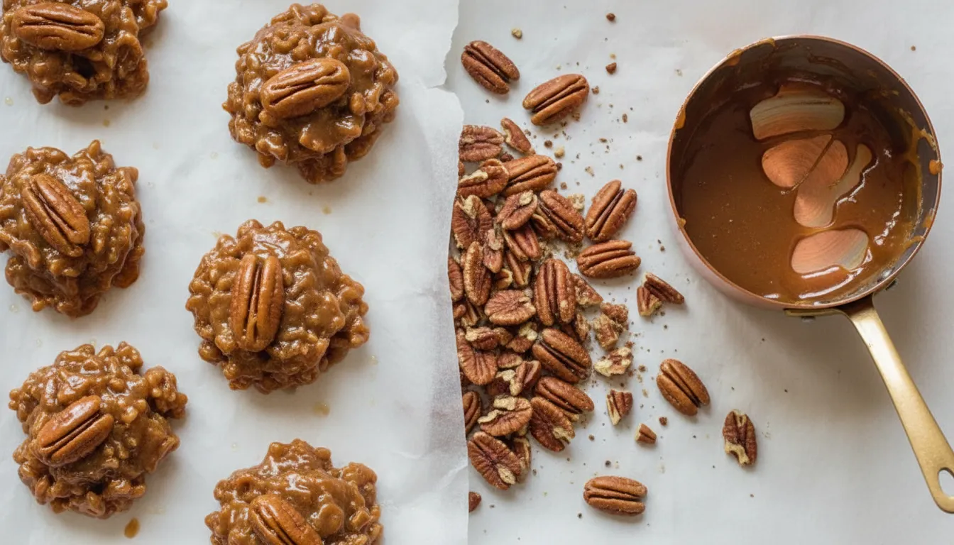 Glossy praline pecans cooking in a saucepan