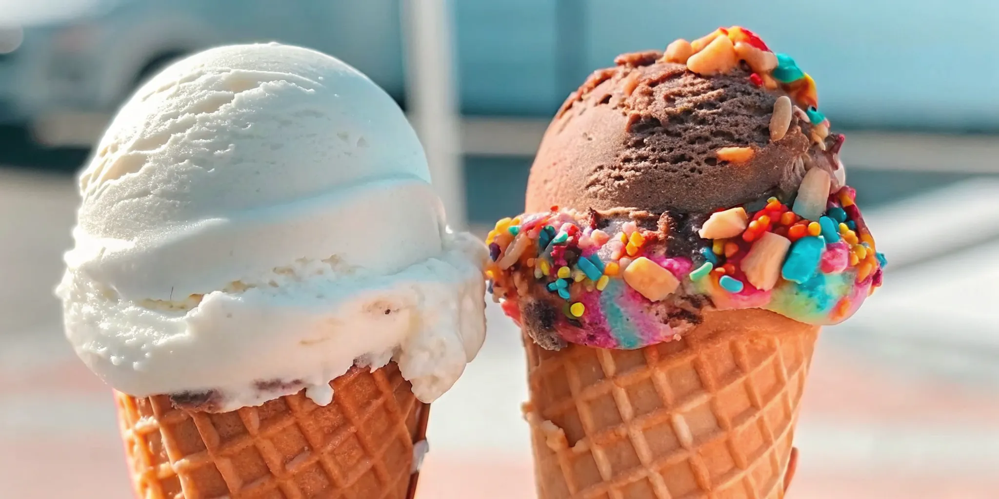 Two ice cream cones side by side comparing classic and artisan ice cream scoops on a coastal boardwalk