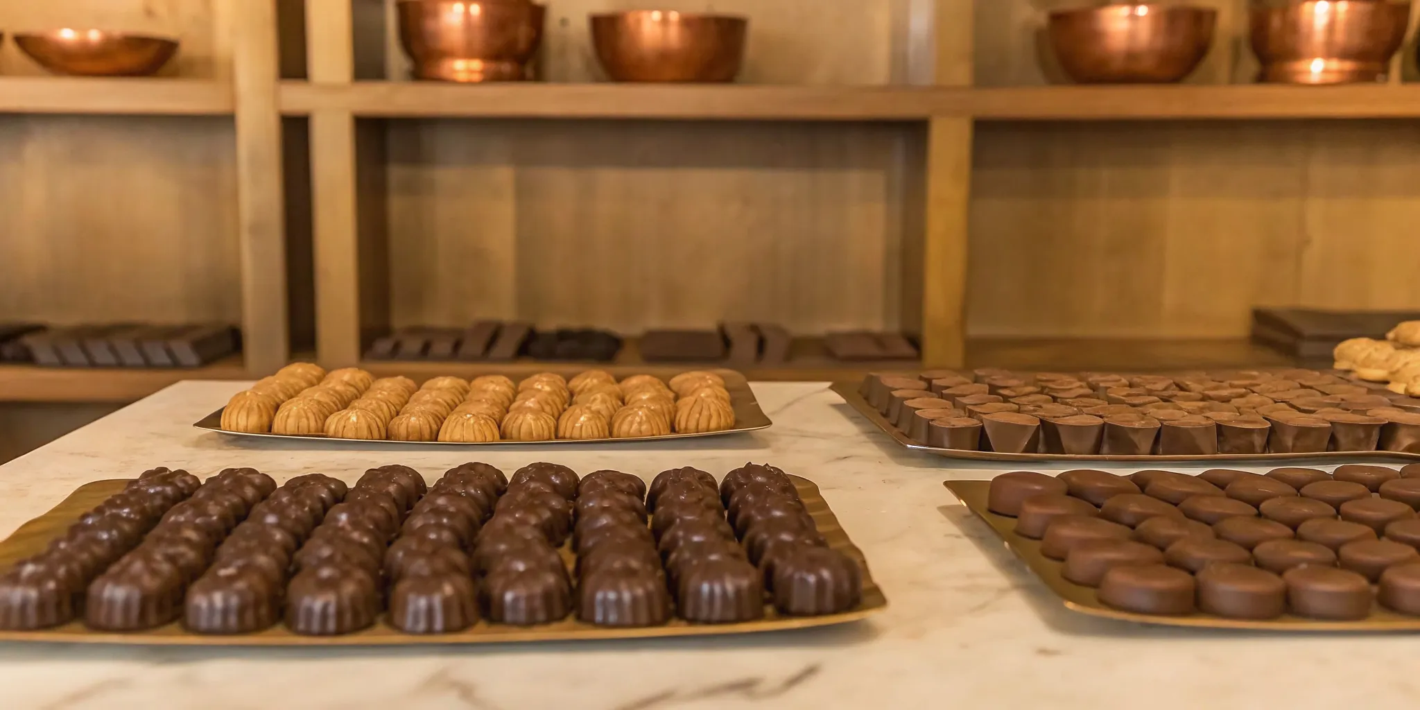 Assortment of handcrafted Southern pralines and chocolates on a marble surface in an artisanal candy kitchen