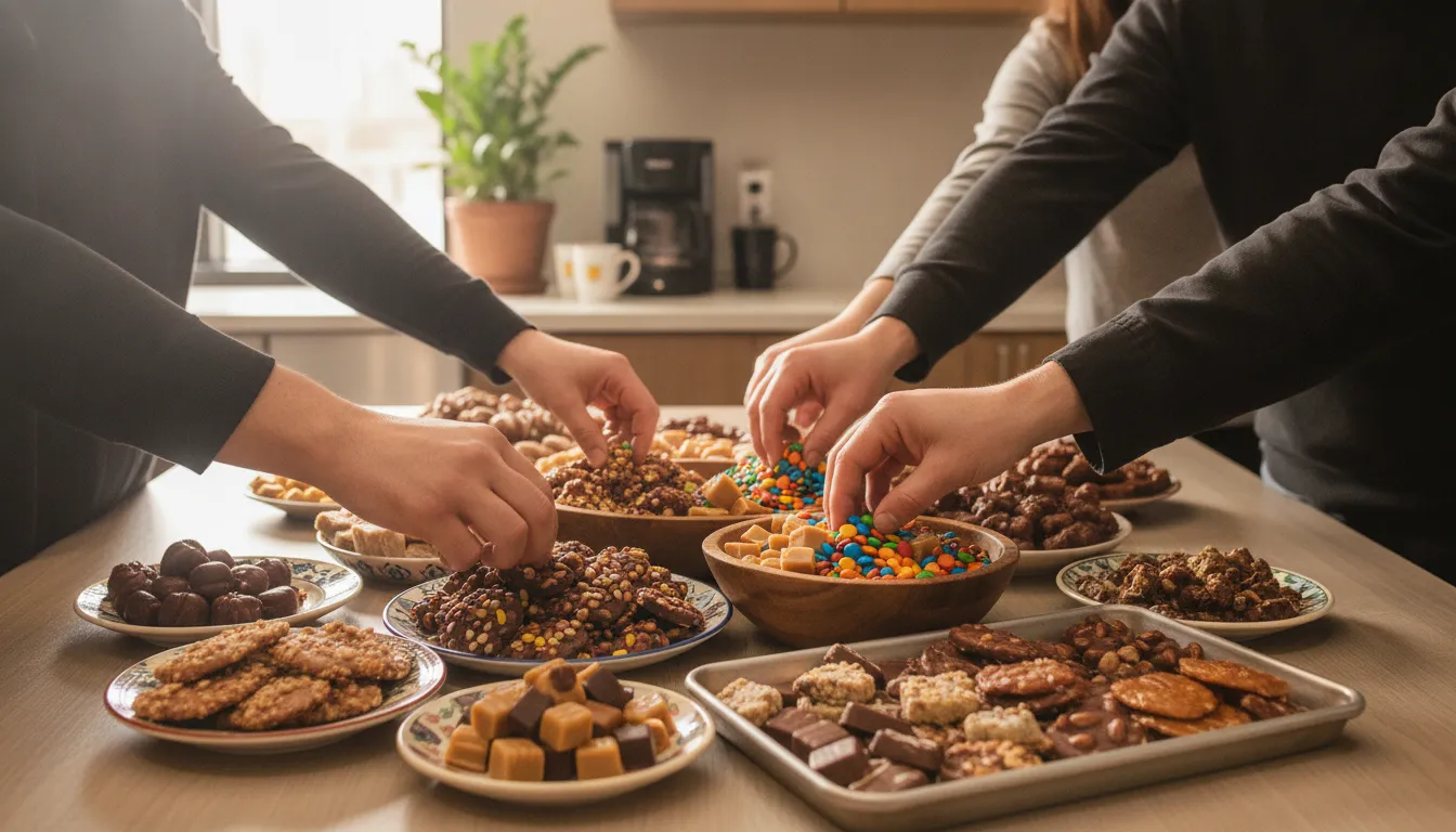 Coworkers sharing assorted chocolates and candy in an office breakroom