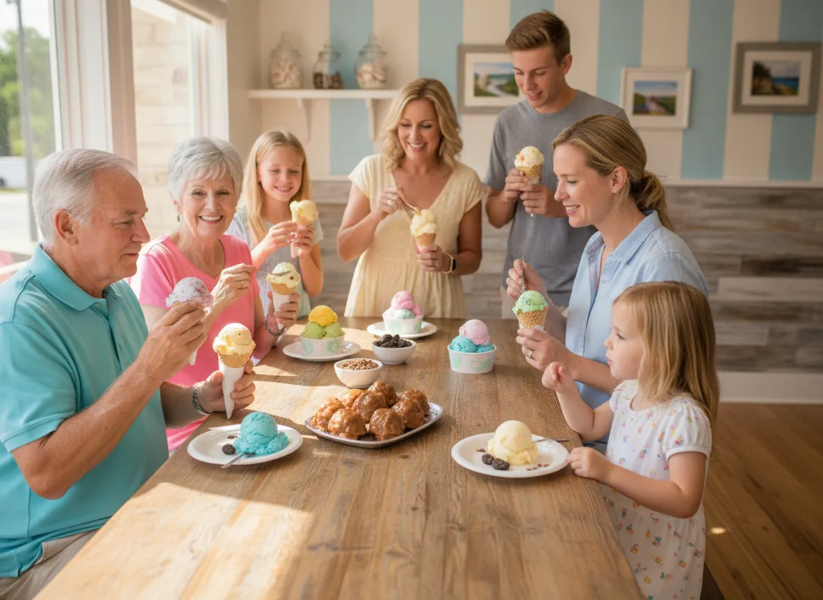 Family enjoying colorful ice cream and chocolates in a coastal dessert shop