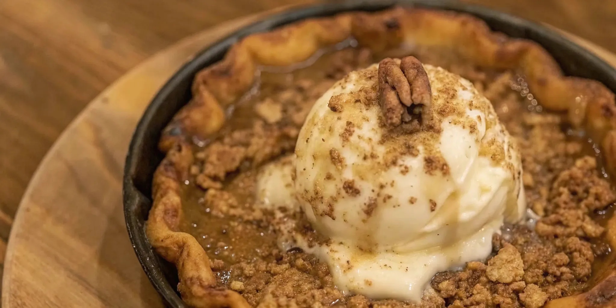Butter pecan ice cream melting over a warm apple pie on a wooden table