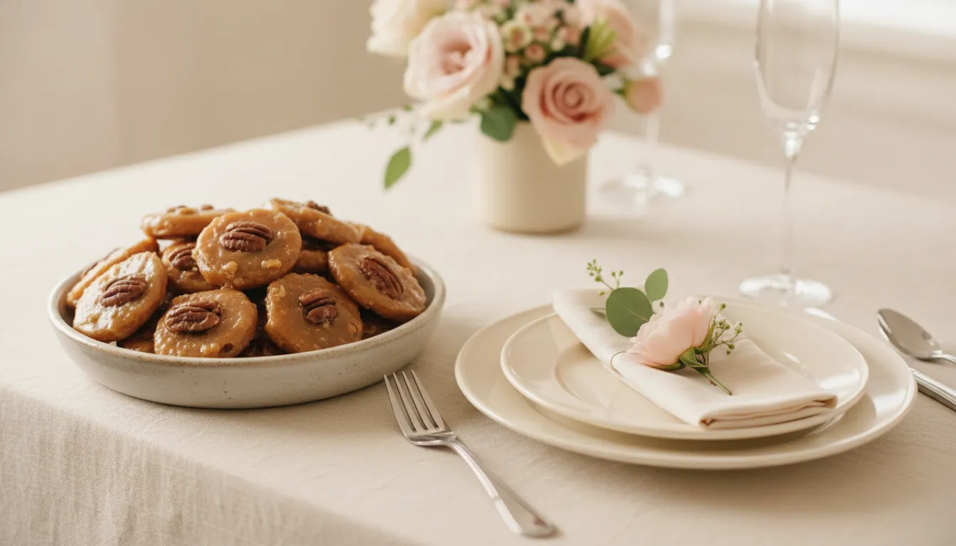 Southern pralines displayed beside a wedding place setting