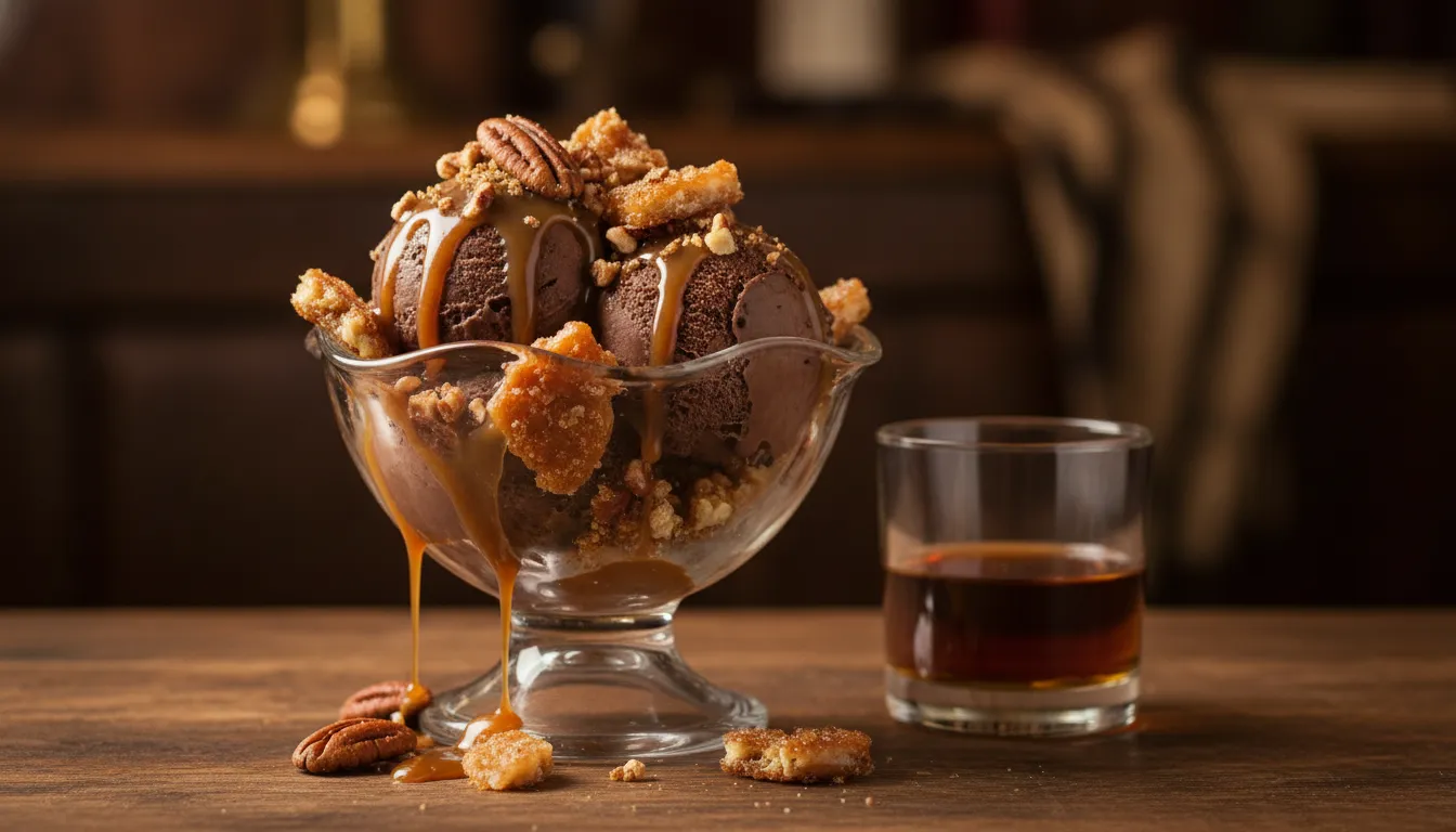 Chocolate and caramel whiskey ice cream sundae with pecans