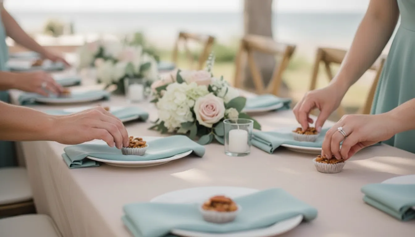 Praline wedding favors placed at a coastal reception table