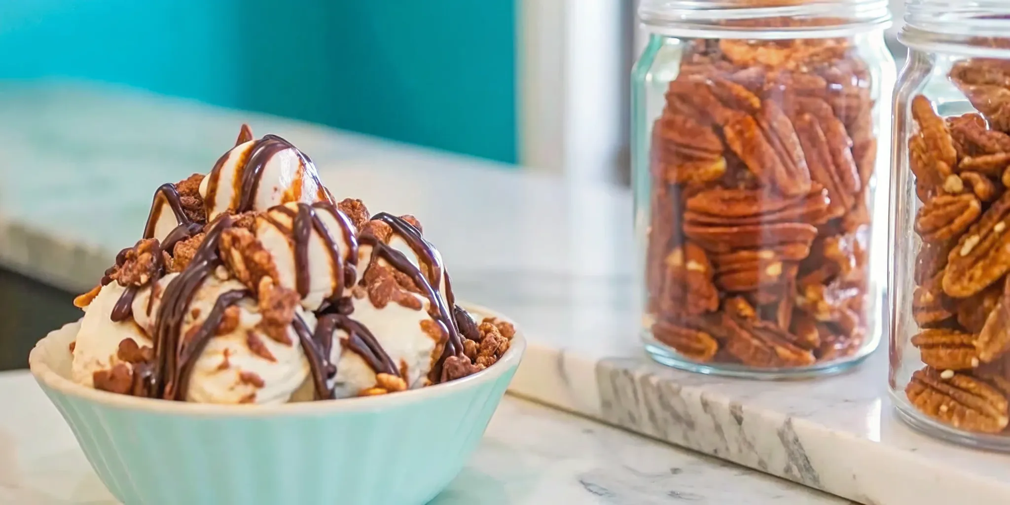 An ice cream sundae topped with pralines at a Southern candy shop counter