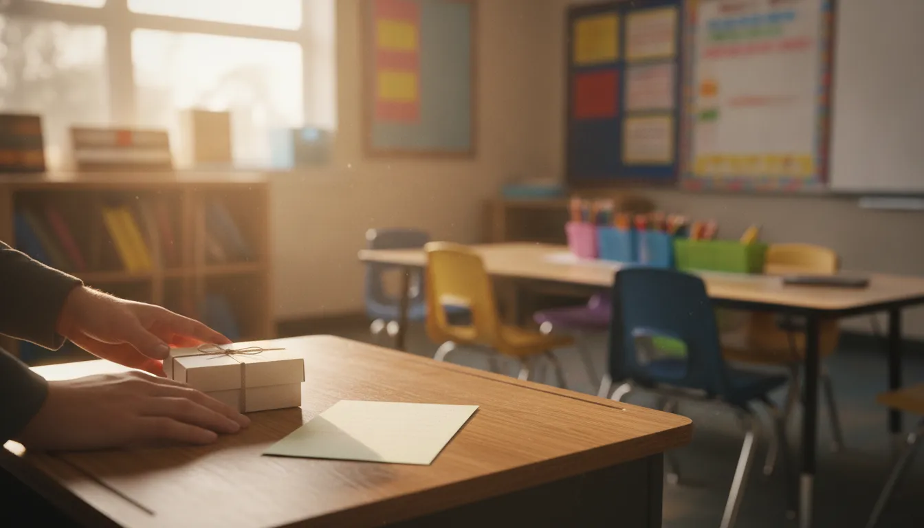 A small gift box and blank thank-you card on a teacher's desk