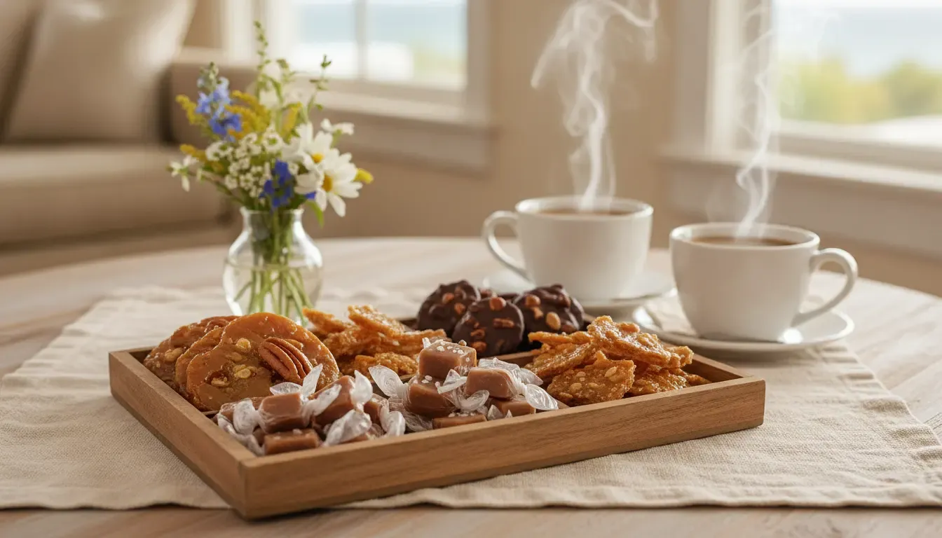Gourmet candy gift assortment of pralines, caramels, chocolates, and brittle served at a gathering