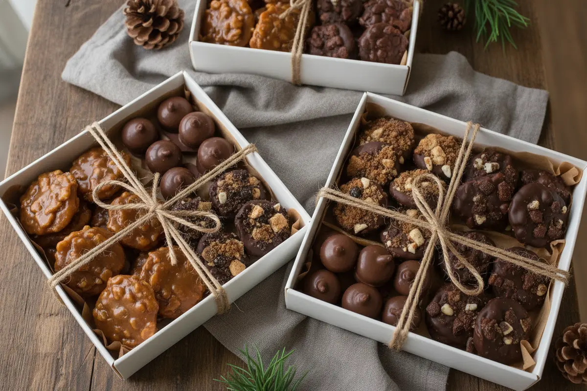Packaged pralines and chocolates arranged as winter candy gifts