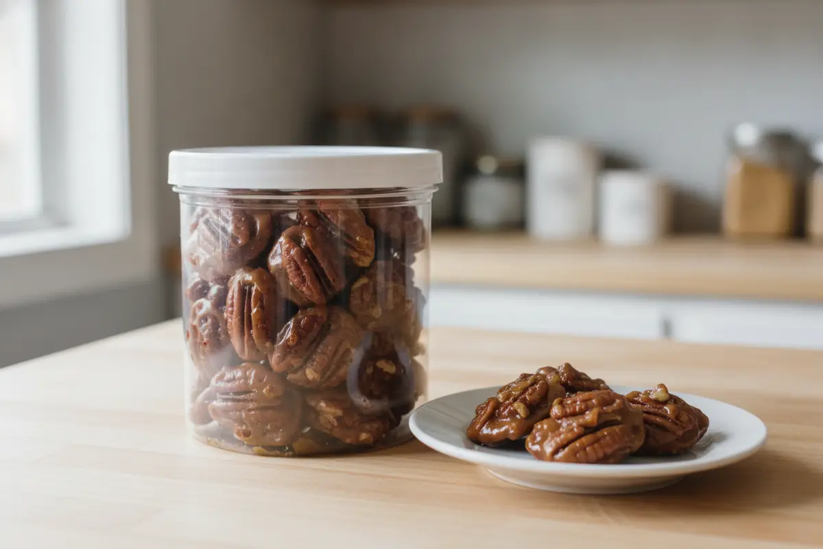 Pecan pralines stored in a closed container beside a serving plate