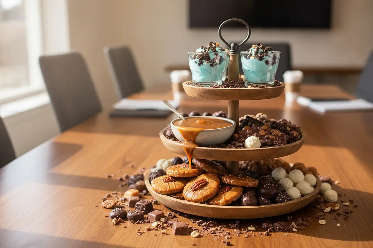 Pralines, chocolates, and caramel sauce arranged as team dessert gifts