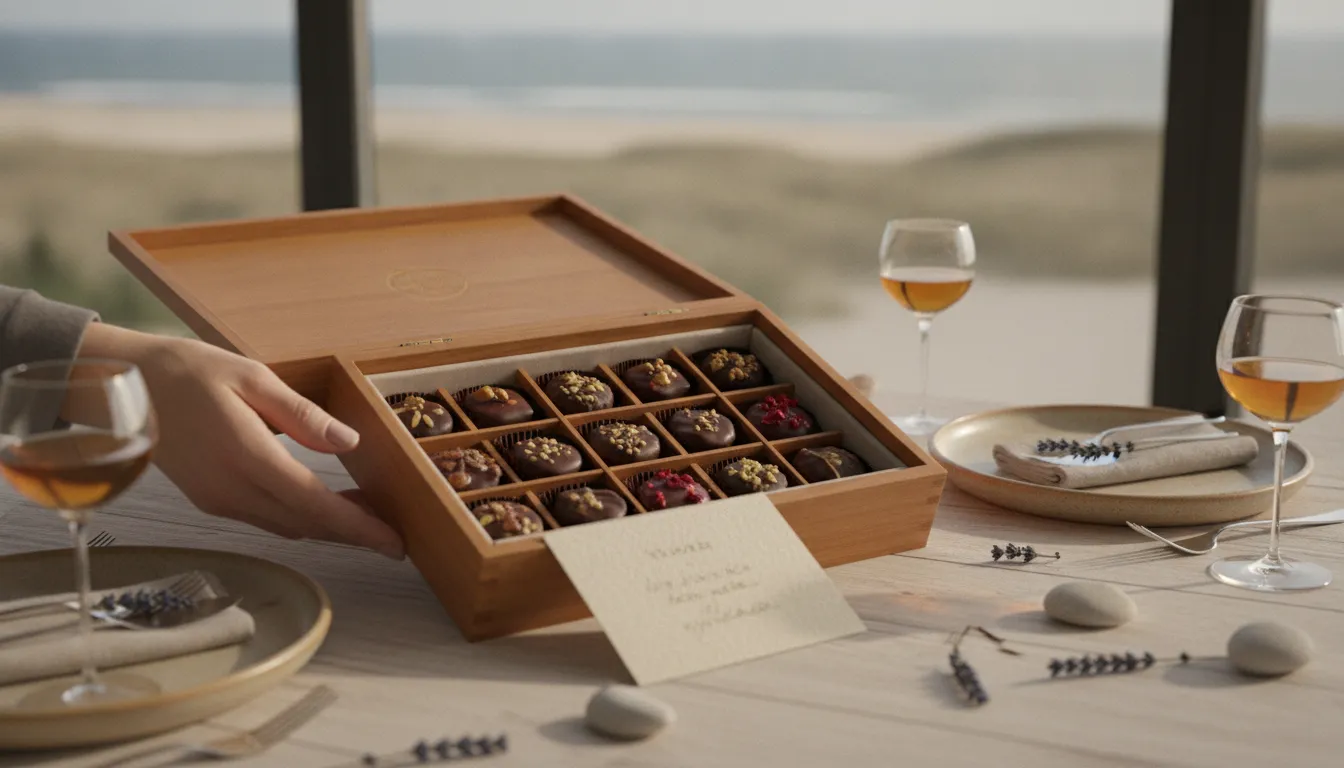 Artisan chocolate gift box presented at a coastal celebration