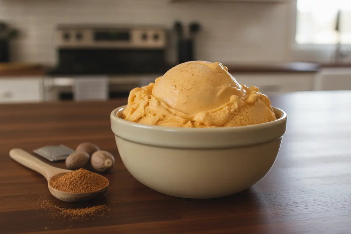 Pumpkin and spice ice cream base cooling in a glass bowl