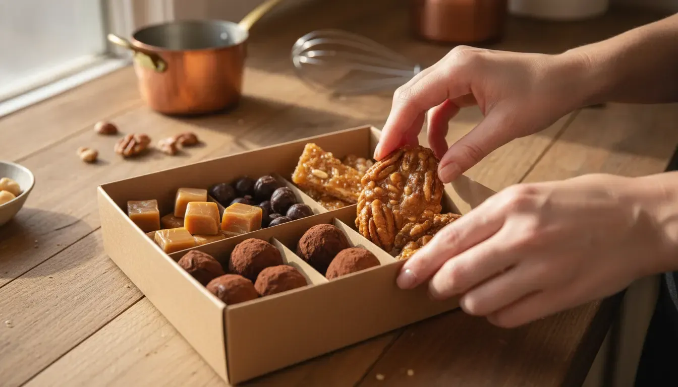 Selecting pralines, caramels, chocolates, and brittle for a small-batch gourmet candy gift