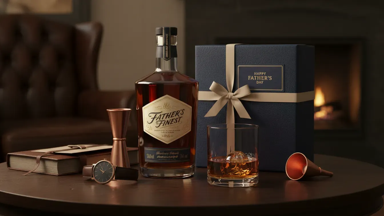 Premium bourbon bottle displayed with a crystal glass of amber whiskey and Father's Day gift accessories on a dark wood surface