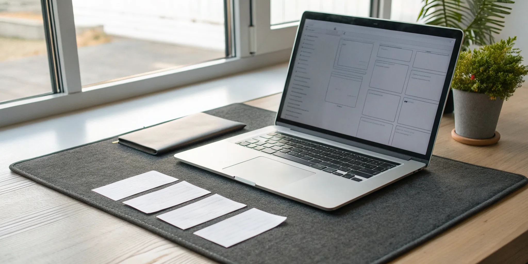 Laptop and notes on a desk for crafting customer follow-up email templates.