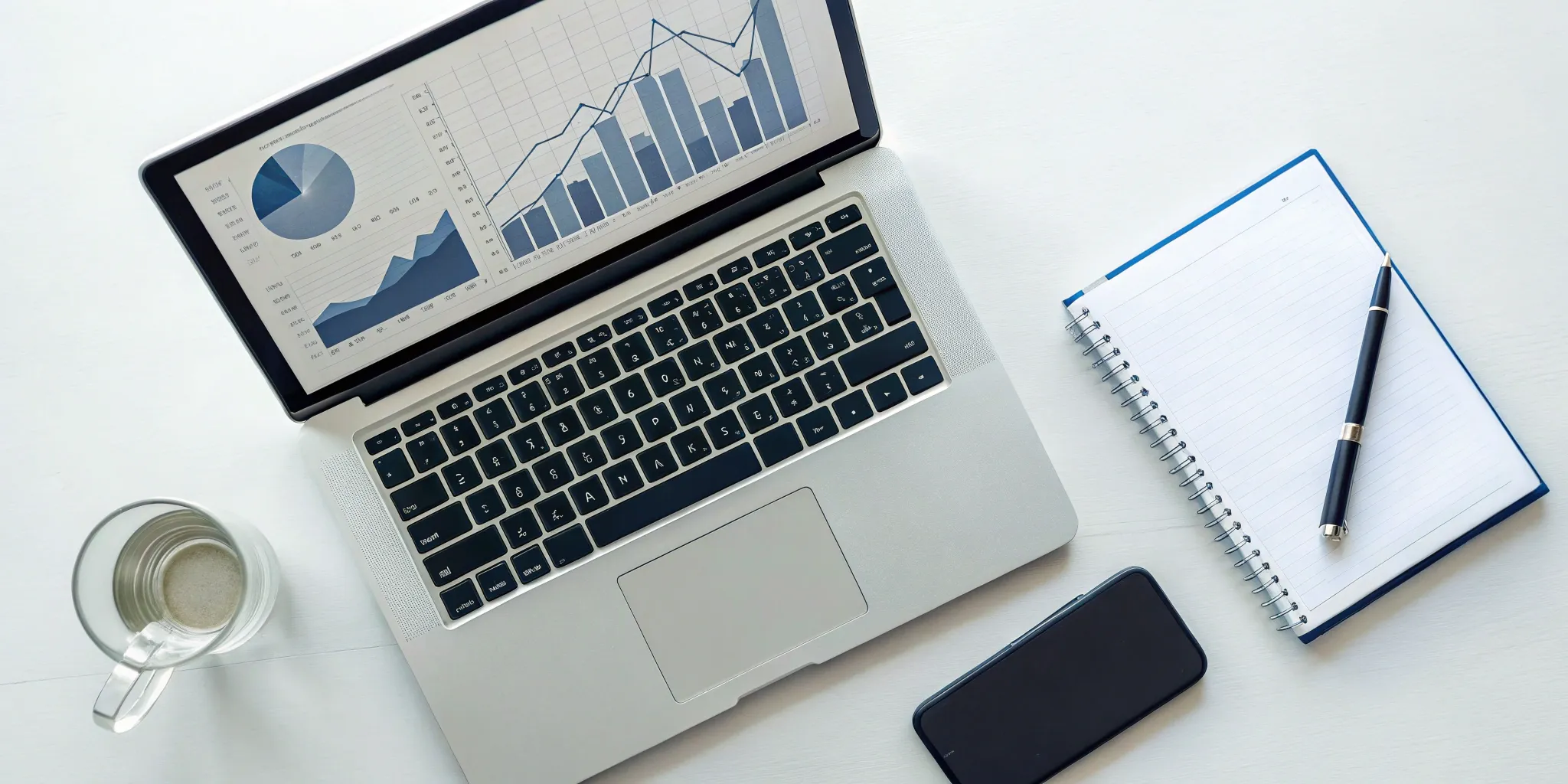 Laptop on a desk displaying Salesforce charts, optimized with a Chrome extension for sales.
