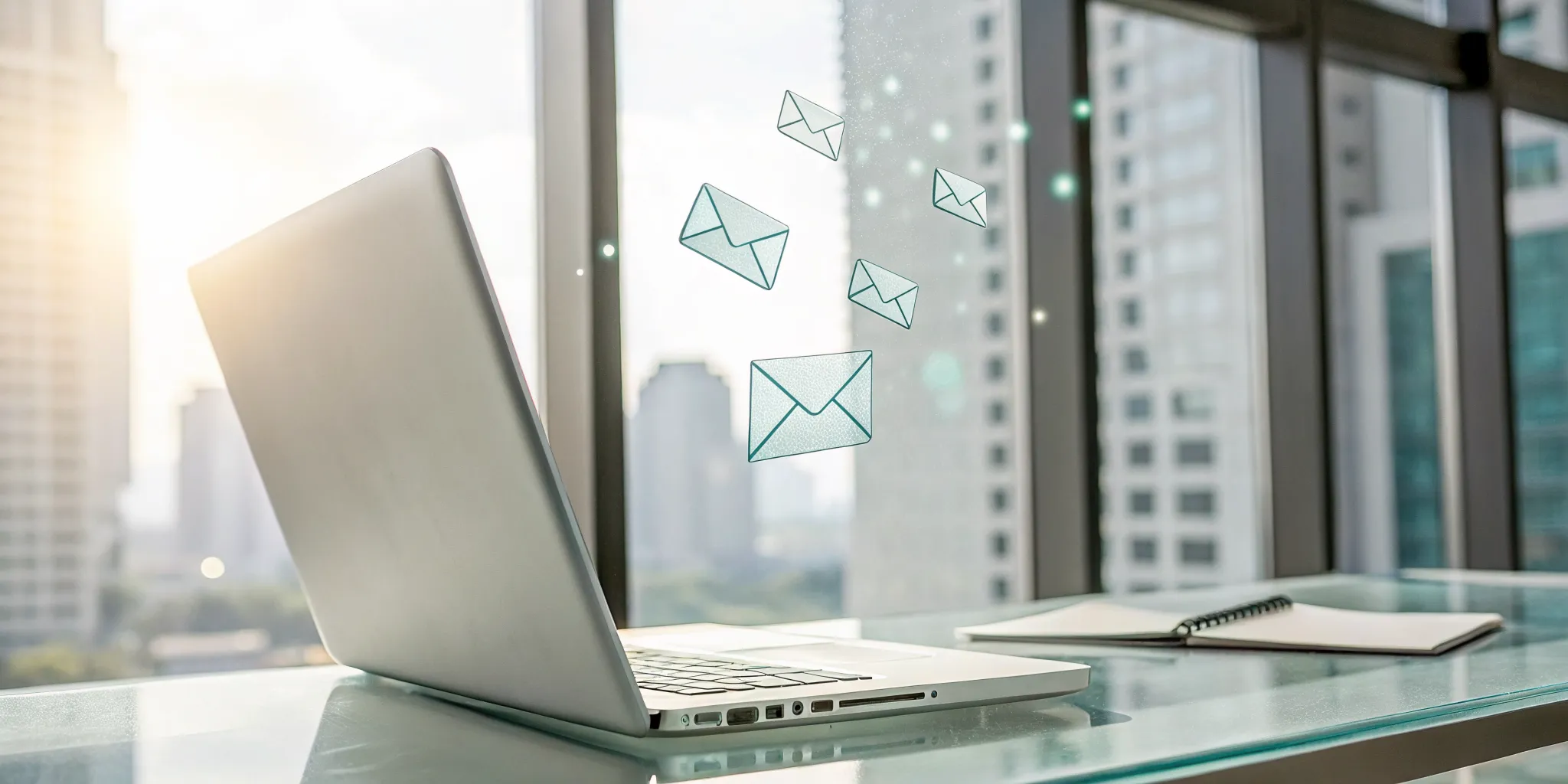 Laptop with email icons displaying breakup email templates that get replies.