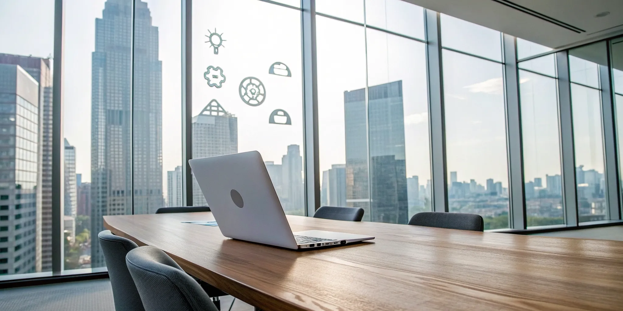 Laptop in a modern conference room with digital icons of AI tools for sales professionals.